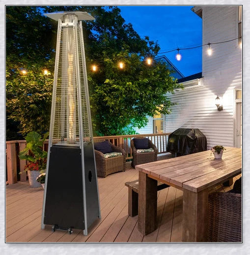 Premium stainless steel outdoor propane heater for patio, garden, or park use, providing efficient and safe warmth in cold weather