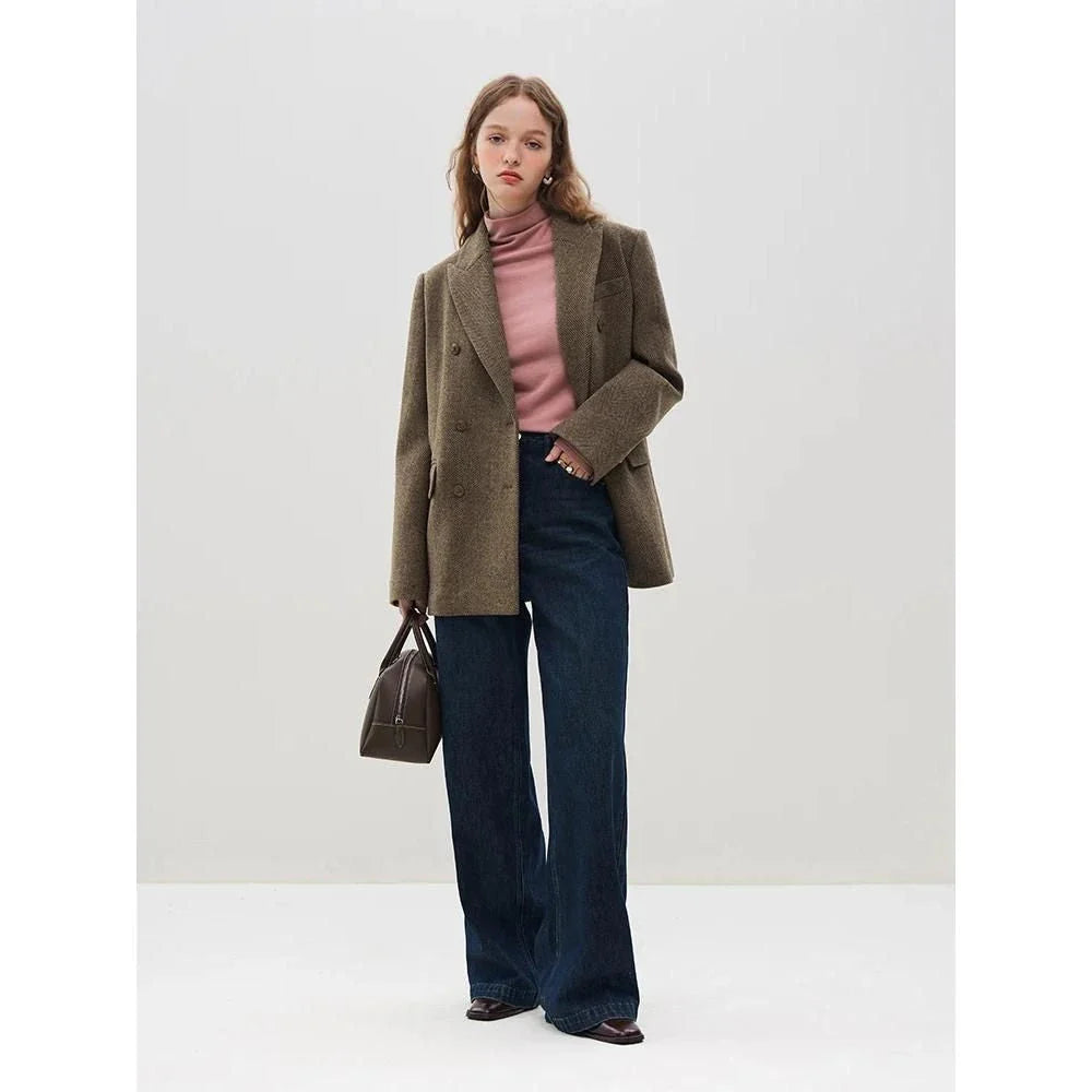 Elegant wool blazer skirt set for professional and formal wear, featuring a double-breasted jacket and a front-split long skirt in a sophisticated solid pattern.
