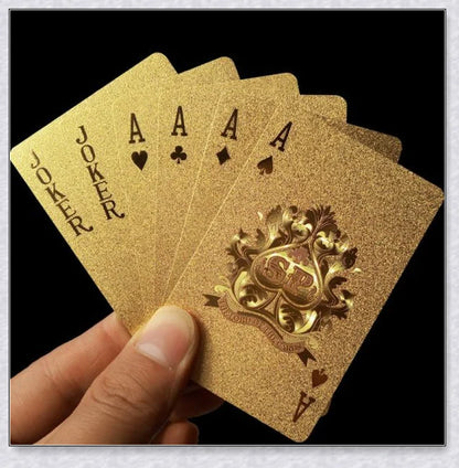 Luxurious 24K gold foil playing cards with captivating three-dimensional patterns and a waterproof, durable design