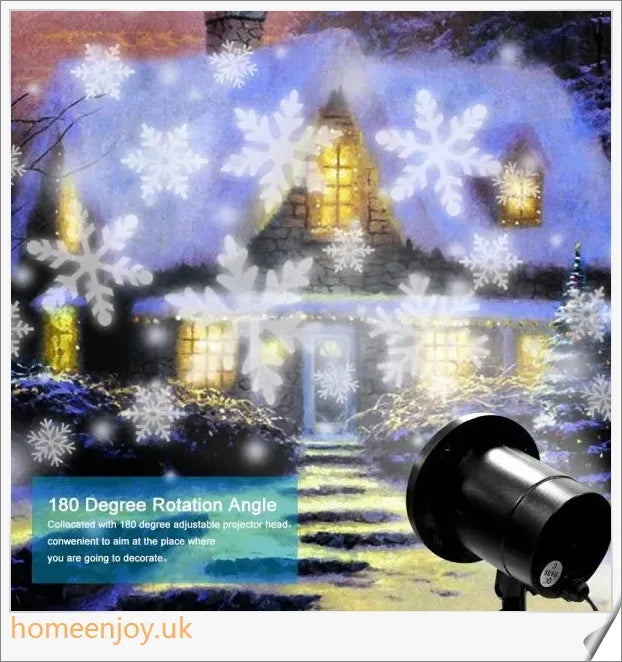 Christmas Falling Snow Flake LED Light Projector creating a snowy scene in a backyard or garden