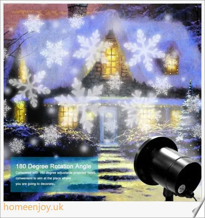 Christmas Falling Snow Flake LED Light Projector creating a snowy scene in a backyard or garden