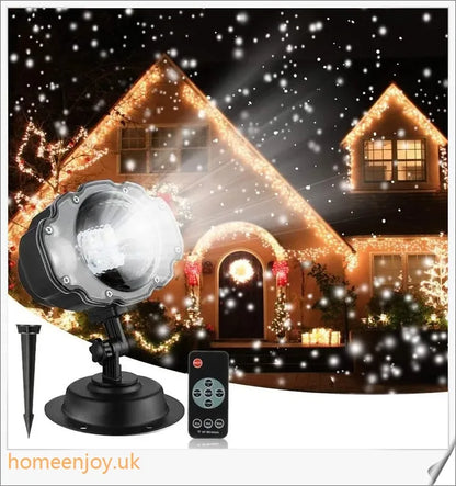 Christmas Falling Snow Flake LED Light Projector creating a snowy scene in a backyard or garden