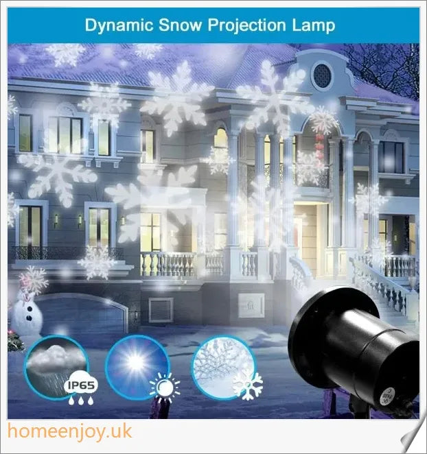 Christmas Falling Snow Flake LED Light Projector creating a snowy scene in a backyard or garden