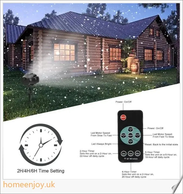 Christmas Falling Snow Flake LED Light Projector creating a snowy scene in a backyard or garden