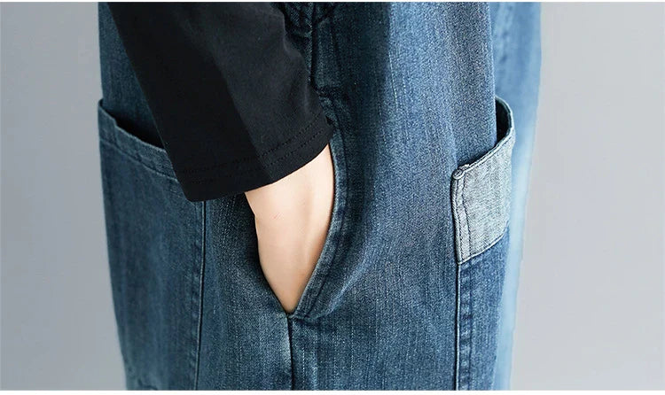 Casual literary women's plus size denim overalls with a high-waisted design and distressed accents for a stylish, comfortable look.