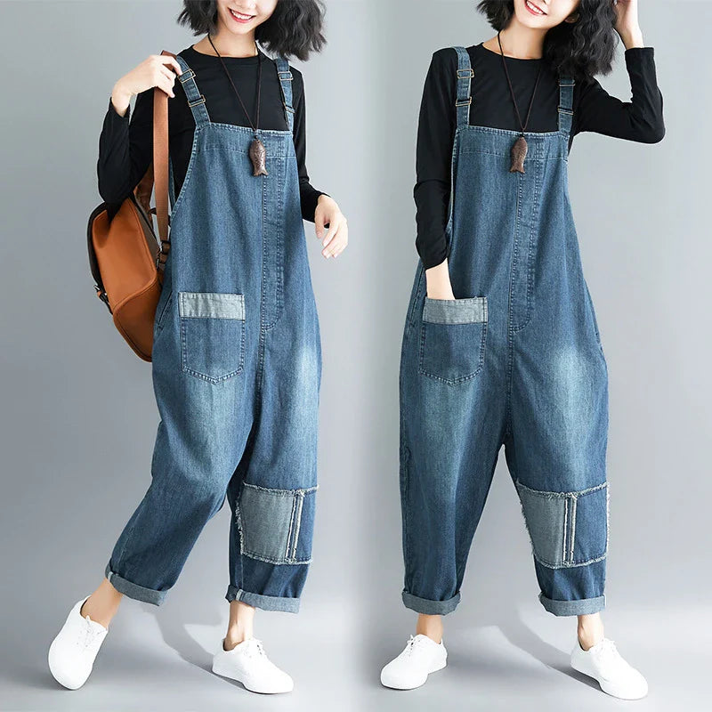 Casual literary women's plus size denim overalls with a high-waisted design and distressed accents for a stylish, comfortable look.