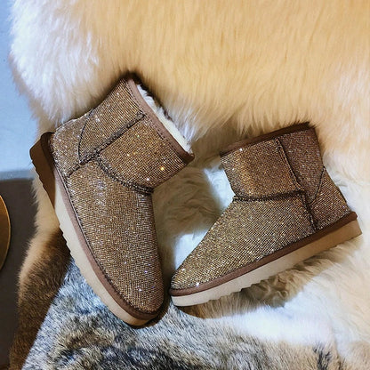 Rhinestone-embellished snow boots for women with durable rubber soles and warm insulation
