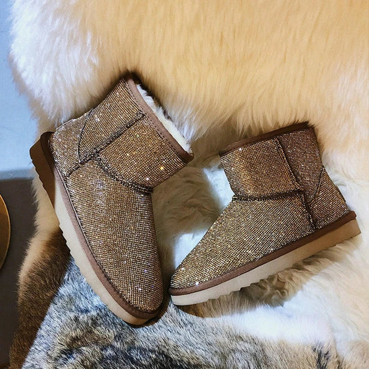 Rhinestone-embellished snow boots for women with durable rubber soles and warm insulation