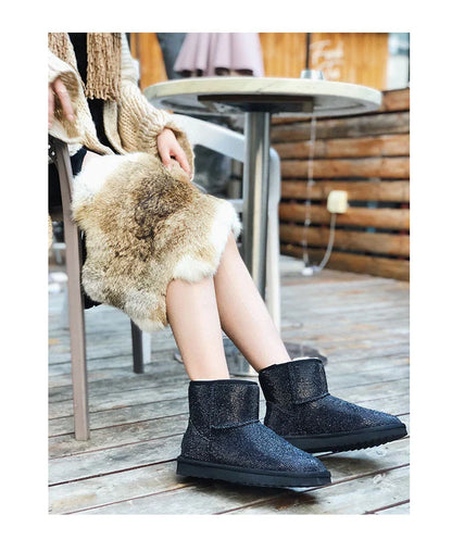 Rhinestone-embellished snow boots for women with durable rubber soles and warm insulation