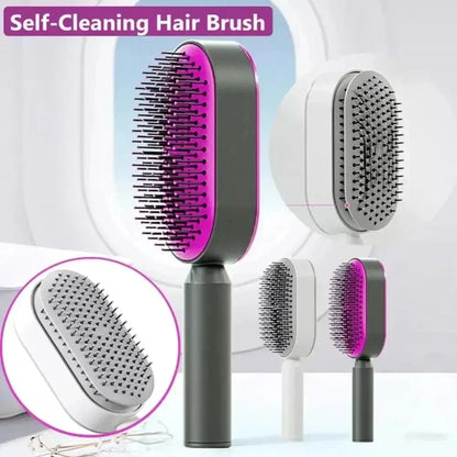 A premium hair brush with one-click self-cleaning, 3D air cushion massage, and versatile styling capabilities for effortless hair care at home.