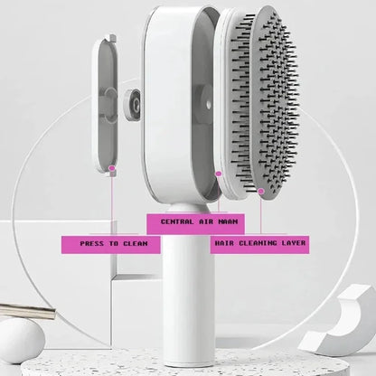 A premium hair brush with one-click self-cleaning, 3D air cushion massage, and versatile styling capabilities for effortless hair care at home.