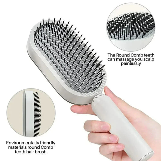 A premium hair brush with one-click self-cleaning, 3D air cushion massage, and versatile styling capabilities for effortless hair care at home.