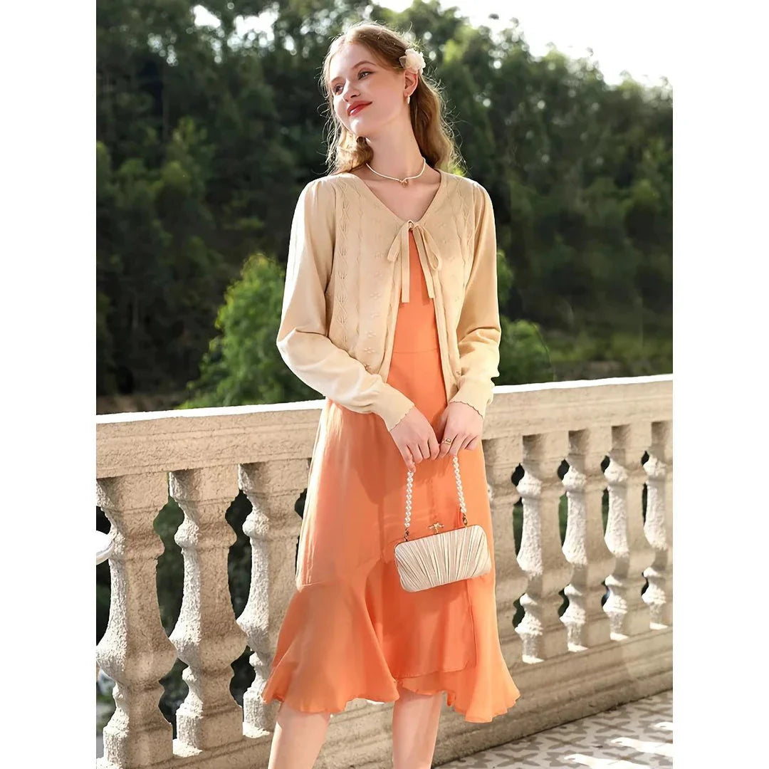 Apricot Elegant V-Neck French Style Knit Cardigan with delicate bow detail and jacquard pattern