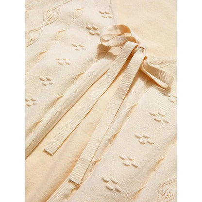 Apricot Elegant V-Neck French Style Knit Cardigan with delicate bow detail and jacquard pattern