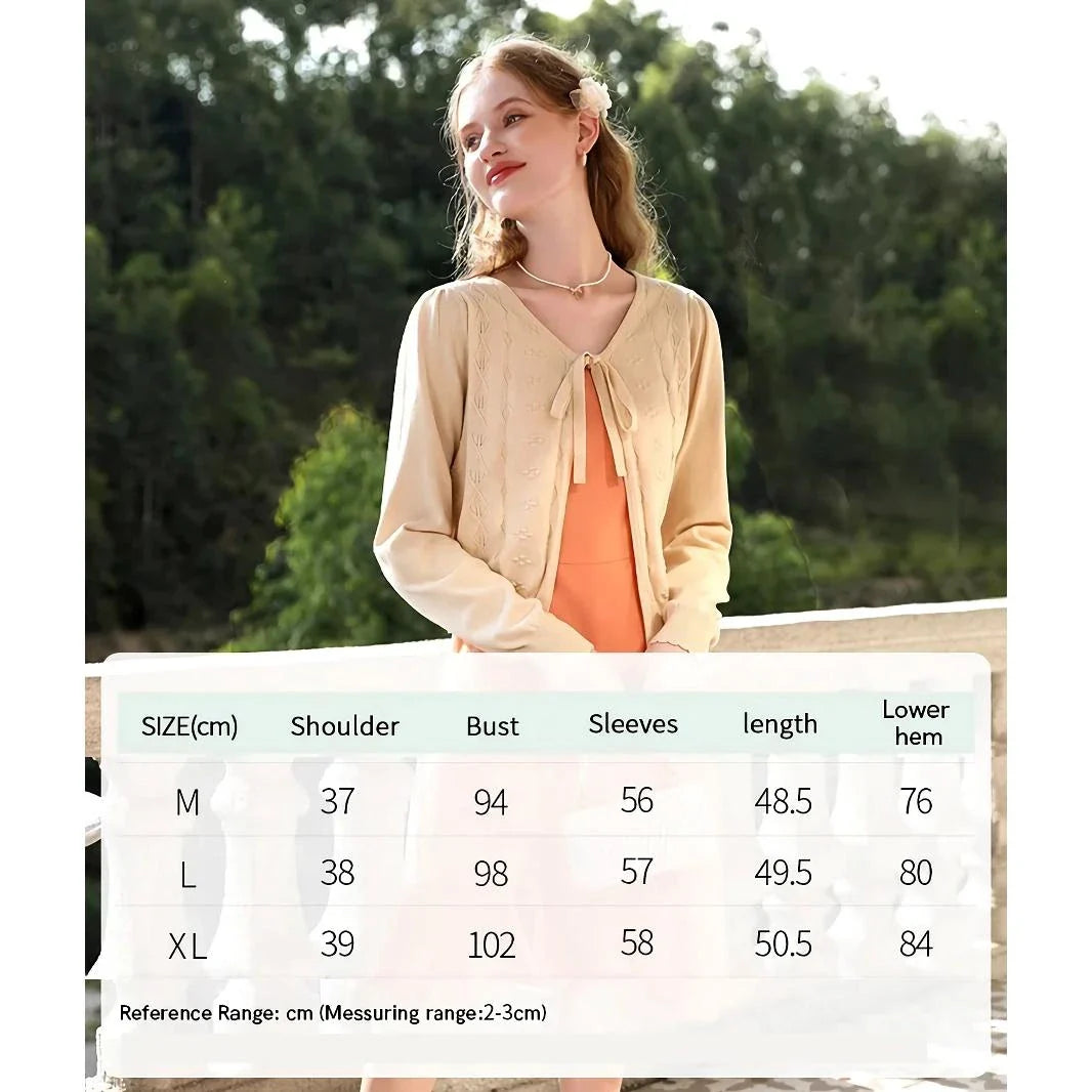 Apricot Elegant V-Neck French Style Knit Cardigan with delicate bow detail and jacquard pattern