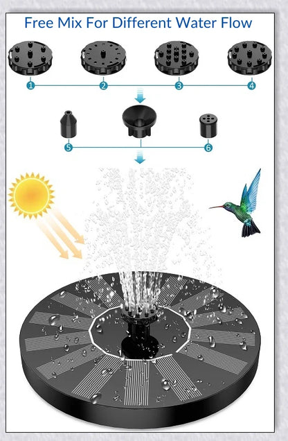 Solar-powered bird bath water fountain pump in a garden or pond setting, creating a relaxing display of water