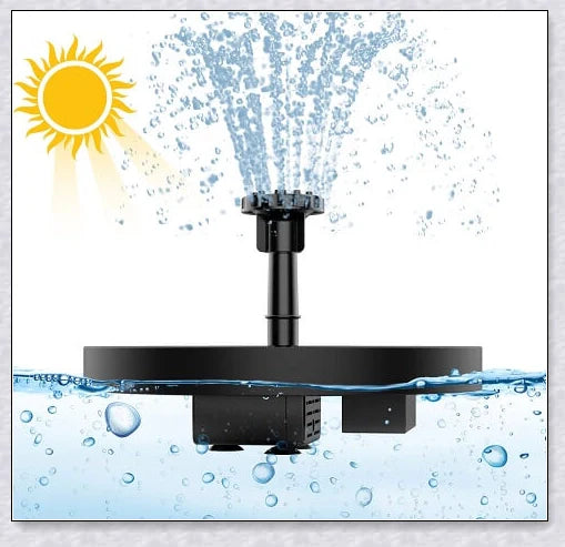 Solar-powered bird bath water fountain pump in a garden or pond setting, creating a relaxing display of water