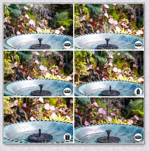 Solar-powered bird bath water fountain pump in a garden or pond setting, creating a relaxing display of water