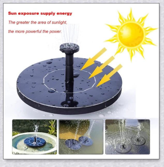 Solar-powered bird bath water fountain pump in a garden or pond setting, creating a relaxing display of water