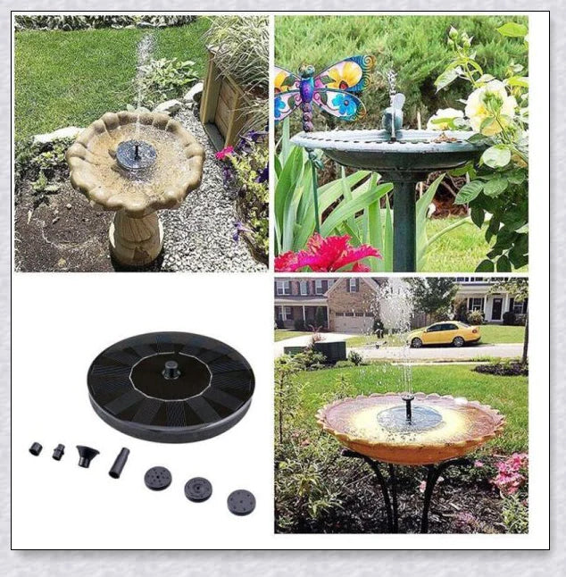 Solar-powered bird bath water fountain pump in a garden or pond setting, creating a relaxing display of water