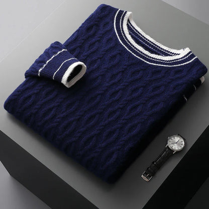 Premium British-made fall and winter men's jacquard colorblock sweater with round neck and thickened design