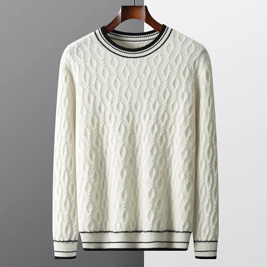 Premium British-made fall and winter men's jacquard colorblock sweater with round neck and thickened design