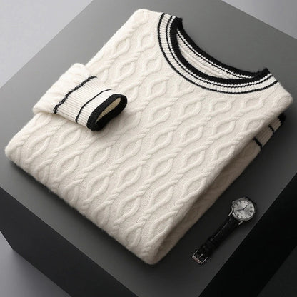 Premium British-made fall and winter men's jacquard colorblock sweater with round neck and thickened design