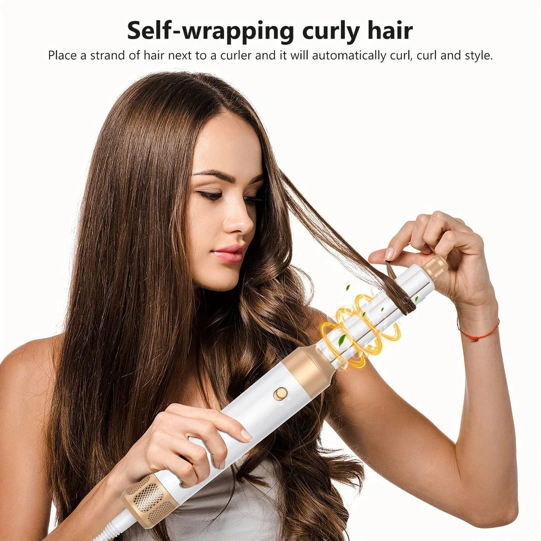 7 in 1 high-speed hair dryer brush with adjustable heat and speed settings, ionic technology, and automatic curling feature