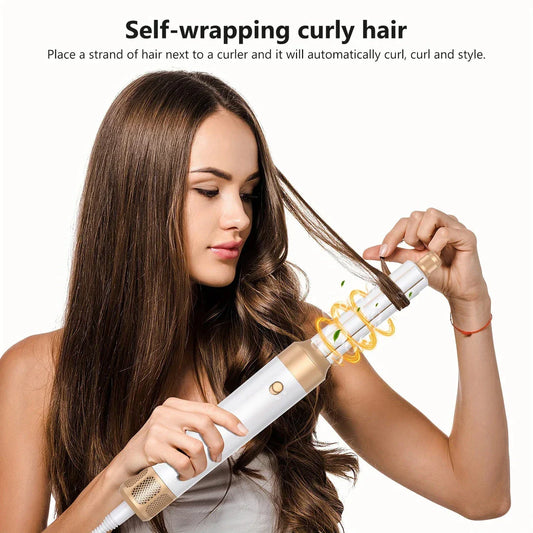 7 in 1 high-speed hair dryer brush with adjustable heat and speed settings, ionic technology, and automatic curling feature