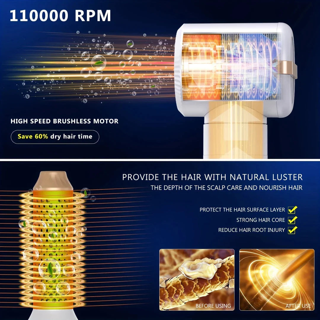 7 in 1 high-speed hair dryer brush with adjustable heat and speed settings, ionic technology, and automatic curling feature