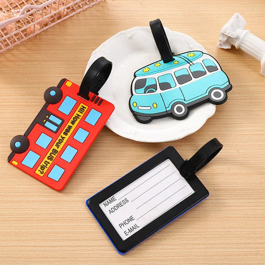 Cute cartoon car-shaped silicone luggage tags in various vibrant colours