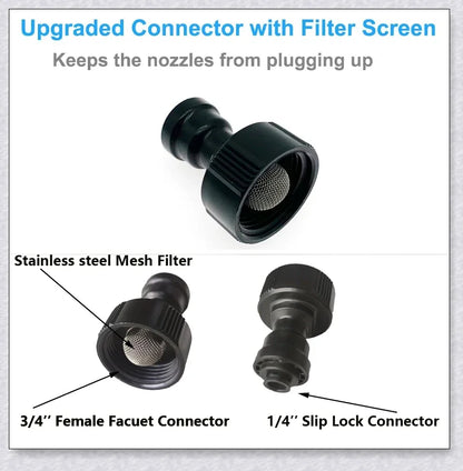 A high-quality outdoor misting system with adjustable nozzles, designed to cool and refresh your backyard or patio.