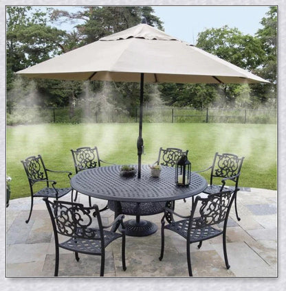 A high-quality outdoor misting system with adjustable nozzles, designed to cool and refresh your backyard or patio.