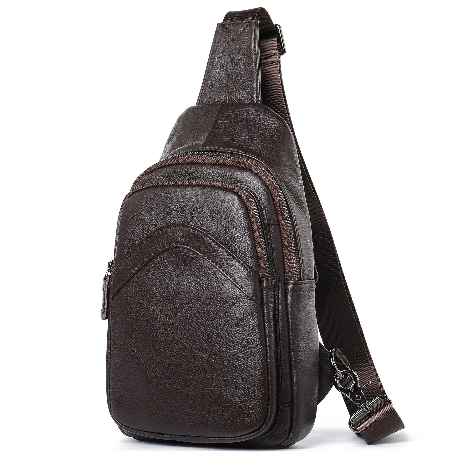 Premium genuine leather crossbody bag in black with multiple internal compartments and adjustable strap for versatile everyday wear