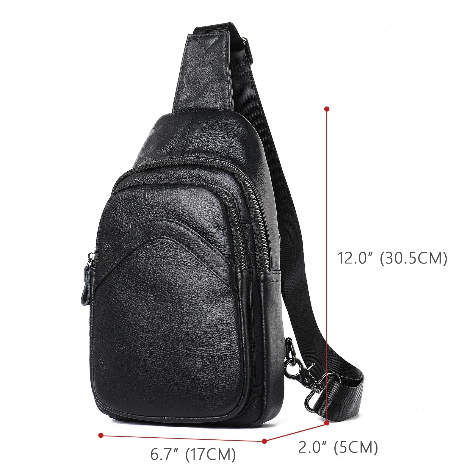 Premium genuine leather crossbody bag in black with multiple internal compartments and adjustable strap for versatile everyday wear