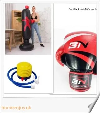 Inflatable boxing punching bag with sturdy stand and sandbag base for stable, durable home workouts