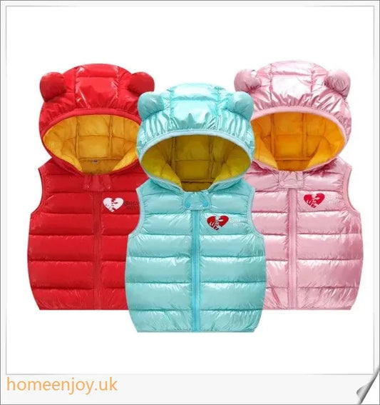 Autumn Kids Outerwear Hooded Sleeveless Warm Vest in various sizes, featuring a cosy hooded design and sleeveless silhouette for easy layering.