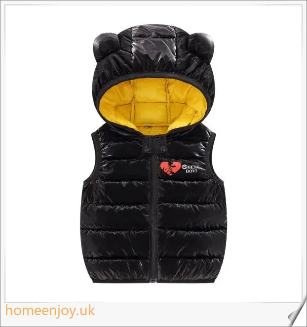 Autumn Kids Outerwear Hooded Sleeveless Warm Vest in various sizes, featuring a cosy hooded design and sleeveless silhouette for easy layering.