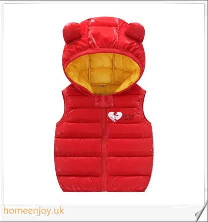 Autumn Kids Outerwear Hooded Sleeveless Warm Vest in various sizes, featuring a cosy hooded design and sleeveless silhouette for easy layering.