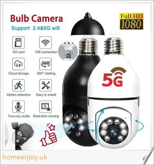 5G Wifi E27 Bulb Surveillance Camera with 360-degree viewing, night vision, and smart home compatibility