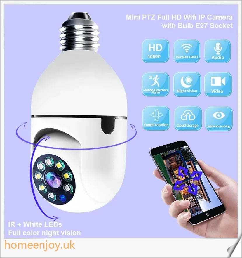 5G Wifi E27 Bulb Surveillance Camera with 360-degree viewing, night vision, and smart home compatibility