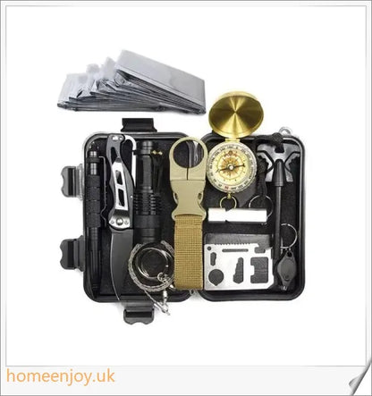 Emergency Survival Kit for Camping with 13 essential tools for outdoor adventures and wilderness emergencies