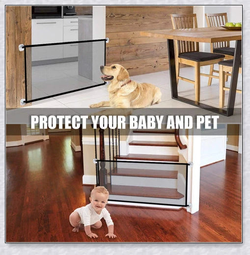 Portable Kids & Pets Safety Door Guard made of fiberglass mesh, ideal for securing doorways and stairwells to keep pets contained
