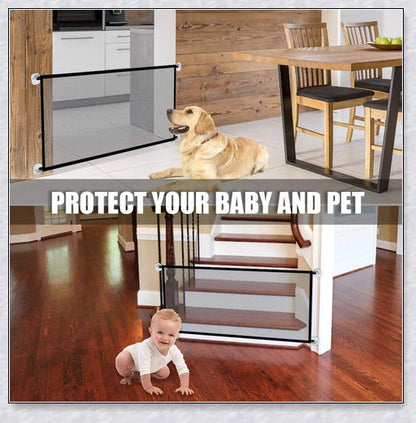 Portable Kids & Pets Safety Door Guard made of fiberglass mesh, ideal for securing doorways and stairwells to keep pets contained