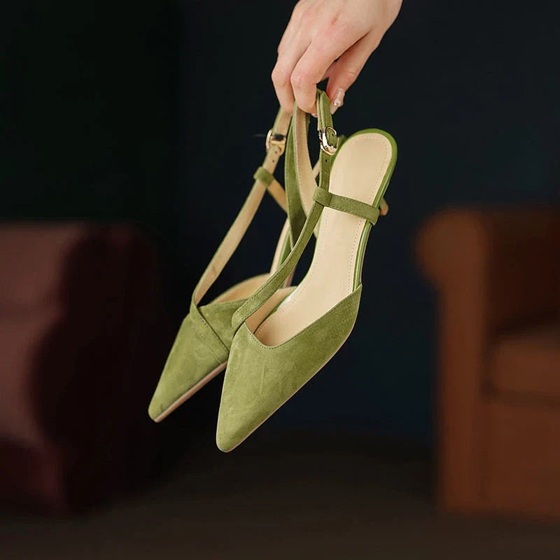 Elegant high heel leather sandals in green for fashionable women