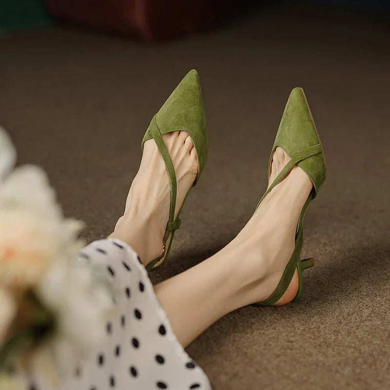 Elegant high heel leather sandals in green for fashionable women