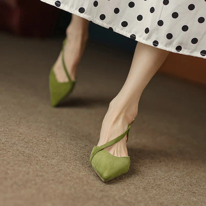 Elegant high heel leather sandals in green for fashionable women