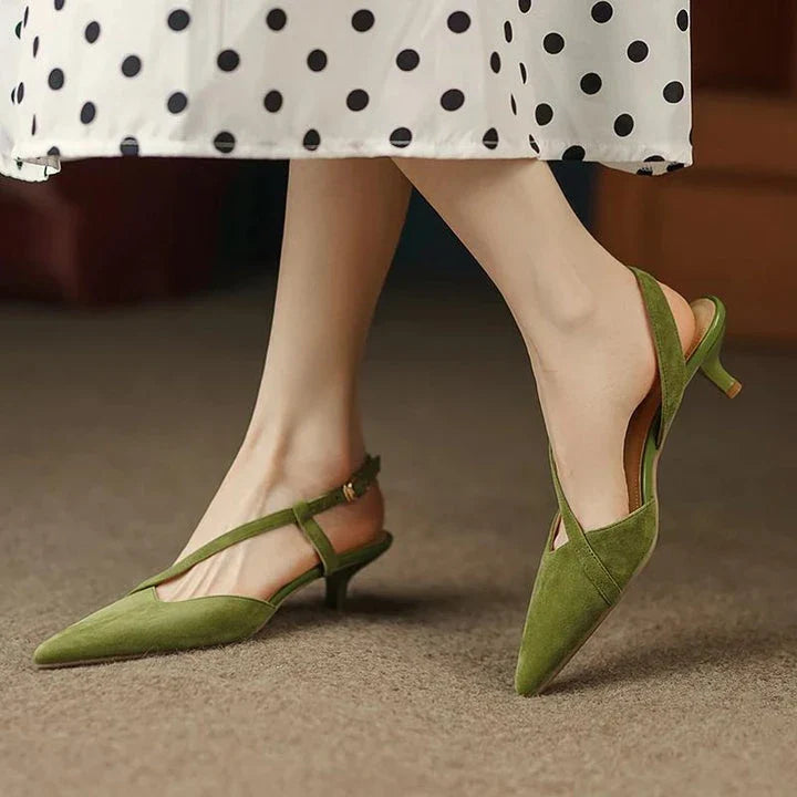 Elegant high heel leather sandals in green for fashionable women