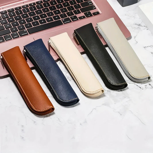 A sleek and sophisticated PU leather pencil case with a secure zipper closure, perfect for organising writing essentials for school and office use.