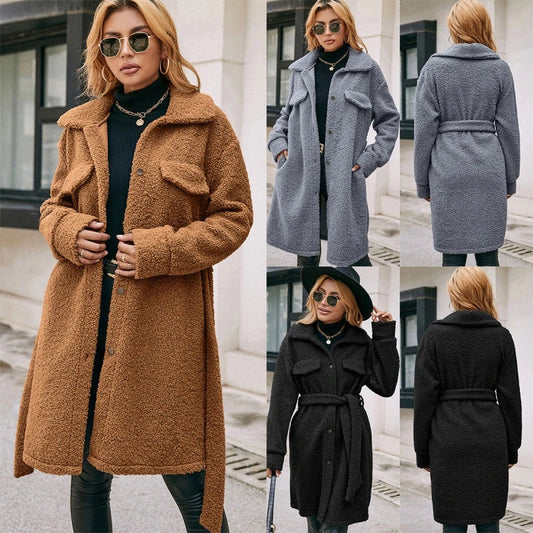 Trendha mid-length belted single-breasted plush trench coat in black, blue grey, and caramel colours